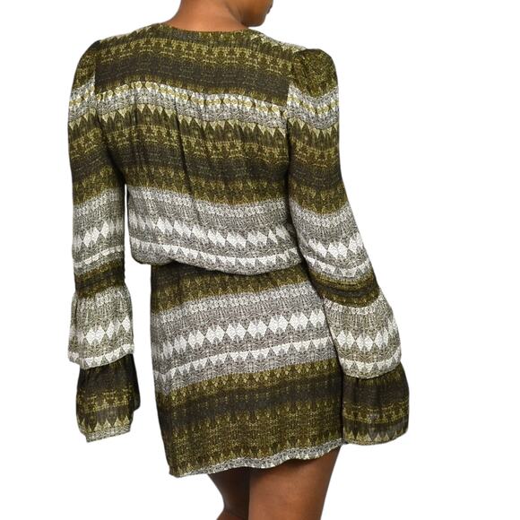 Parker Silk Print Mini Dress Brown Stripe Tassels Long Sleeve Tiered Size Small - Picture 3 of 15